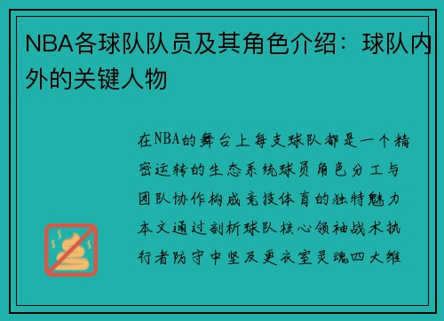 NBA各球队队员及其角色介绍：球队内外的关键人物