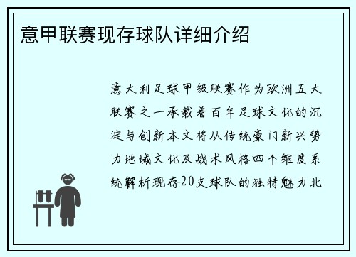 意甲联赛现存球队详细介绍
